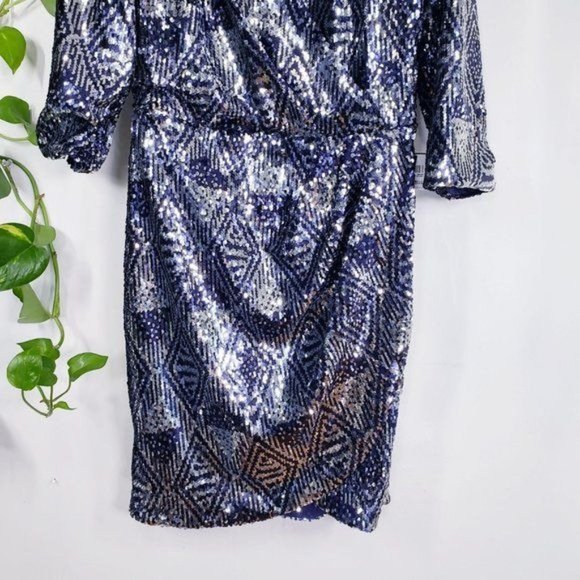 Sequin Wrap Dress Womens 2‎ XS Navy Diamond Sparkle Cocktail Mini LAUNDRY NEW - Picture 9 of 12